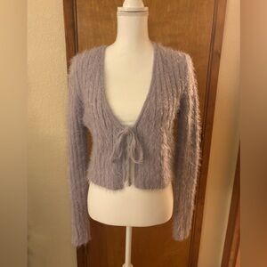 Garage Lilac Fuzzy Cropped Front Tie Cardigan